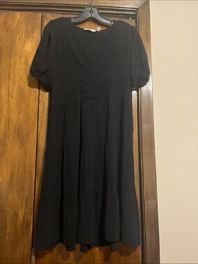 Black Tiered Short-Sleeve Swim Coverup Dress